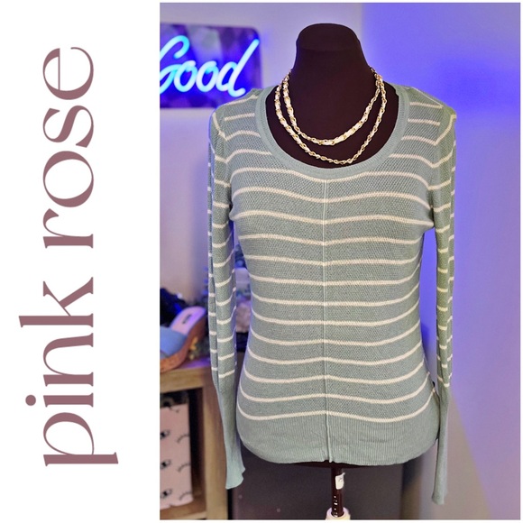 Pink Rose Striped Sweater in Dusty Blue with Cross Cross Detail Down Back - Picture 1 of 4